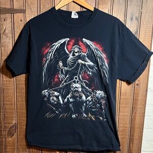 Fruit of the Loom Black T-Shirt with Demon and Dog Design